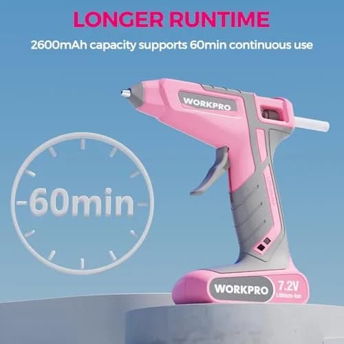 WORKPRO Pink Cordless Hot Melt Glue Gun 7.2V | Fast Preheating, Rechargeable, Safe for Crafts & Repairs thumbnail 3