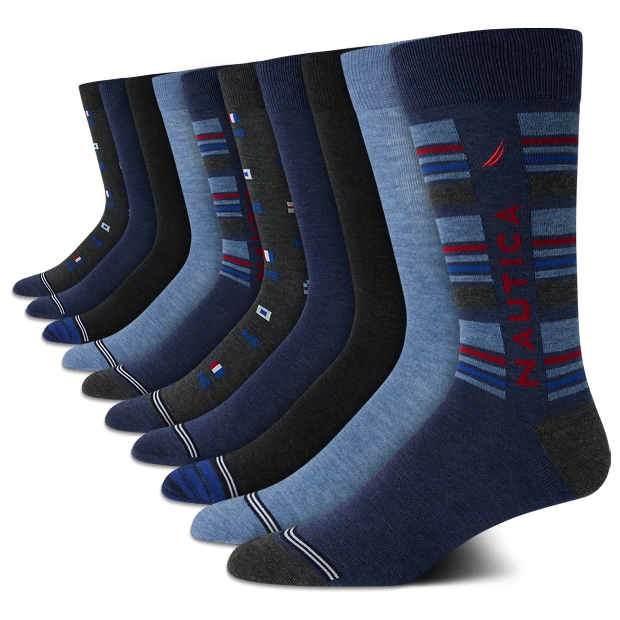 Nautica Men's Dress Socks Business Formal Comfort Stretch Crew Socks 10 Pack | 2.27 kg (5 lb) | Moisture-Wicking & Breathable — Blue Multi Print / 6-12.5