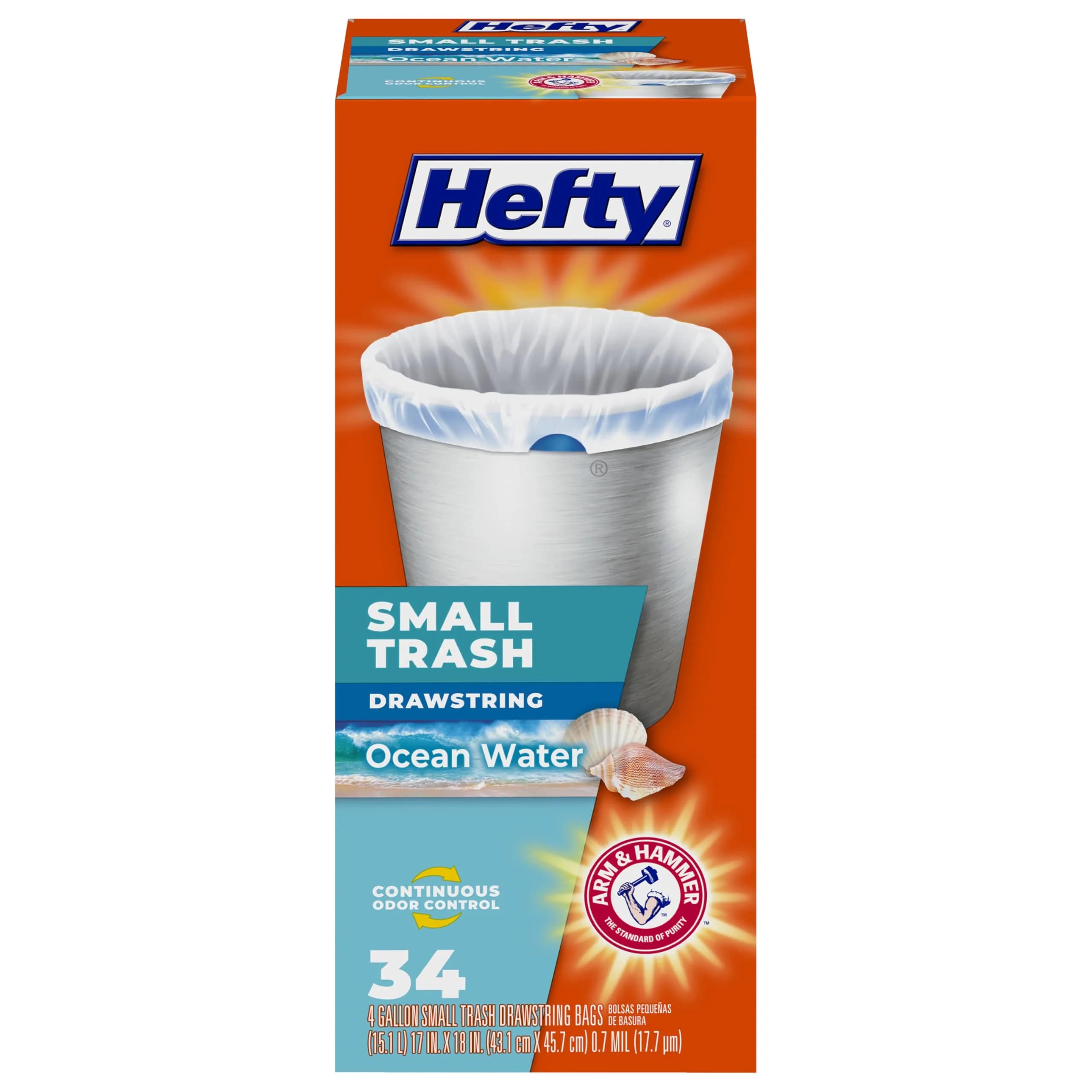 Hefty Small Trash Bags, 4 Gallon, 34 Count, Ocean Water Scent | Value Pack Waste Bag - main product image