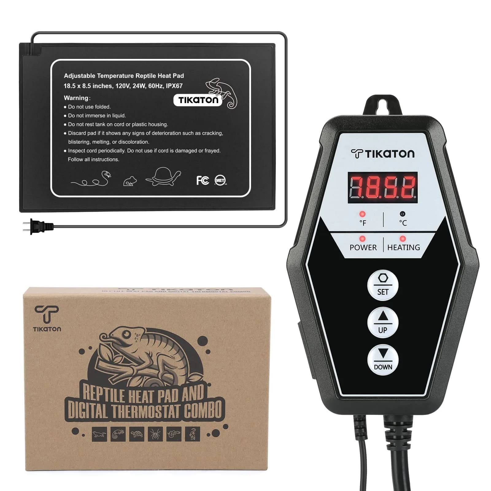 Tikaton Reptile Heating Pad & Digital Thermostat Combo Set | Under Tank Heater for 10-20gal/30-40gal Tank, Terrarium Heat Mat for Turtle/Snake/Lizard/Frog/Spider/Plant Box - main product image