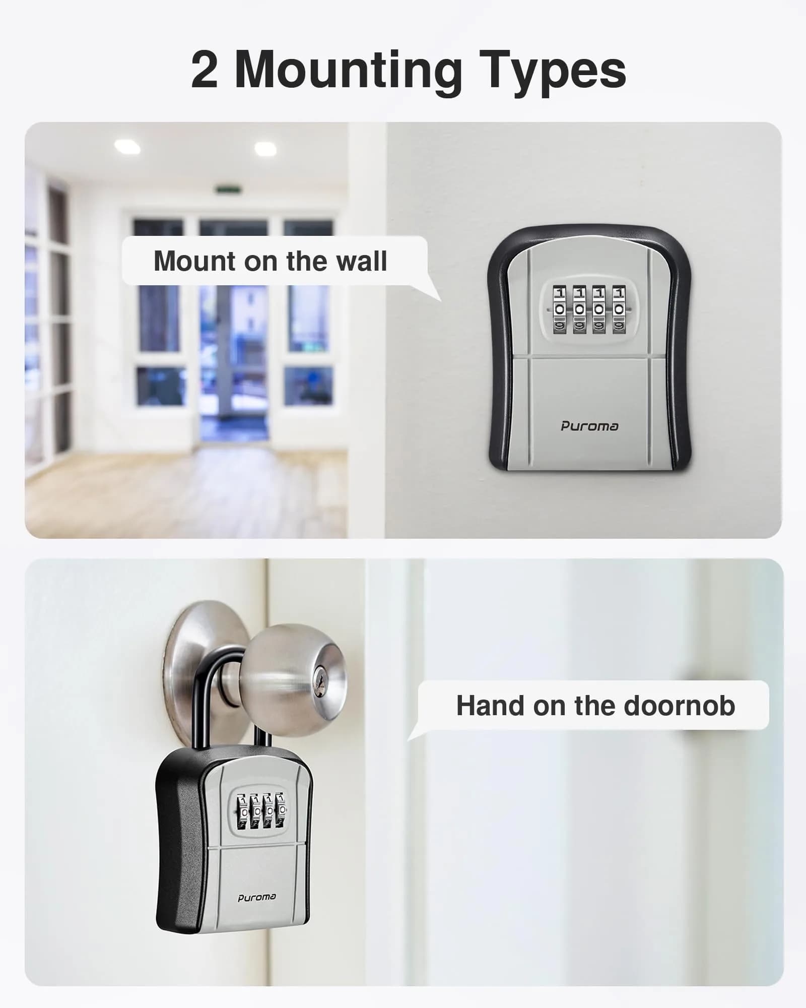 Puroma Outdoor Key Lock Box Gray | 4-Digit Combination Lockbox for House Keys - view 2