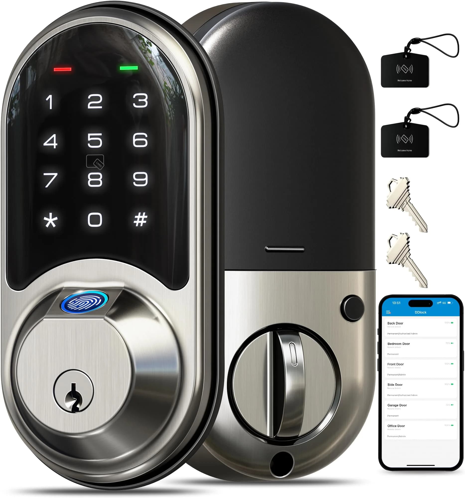 Veise RZ07 Fingerprint Smart Door Lock Deadbolt Satin Nickel | App Control, Fast Fingerprint — Satin Nickel