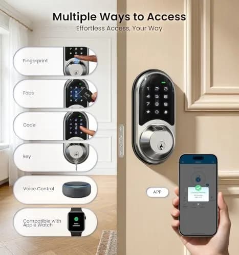 Veise RZ07 Fingerprint Smart Door Lock Deadbolt Satin Nickel | App Control, Fast Fingerprint thumbnail 2