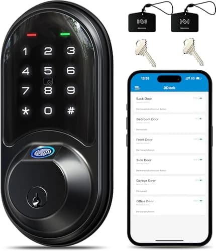 Veise RZ07 Fingerprint Smart Door Lock Deadbolt | App Control, Matte Black, IP54 thumbnail 1