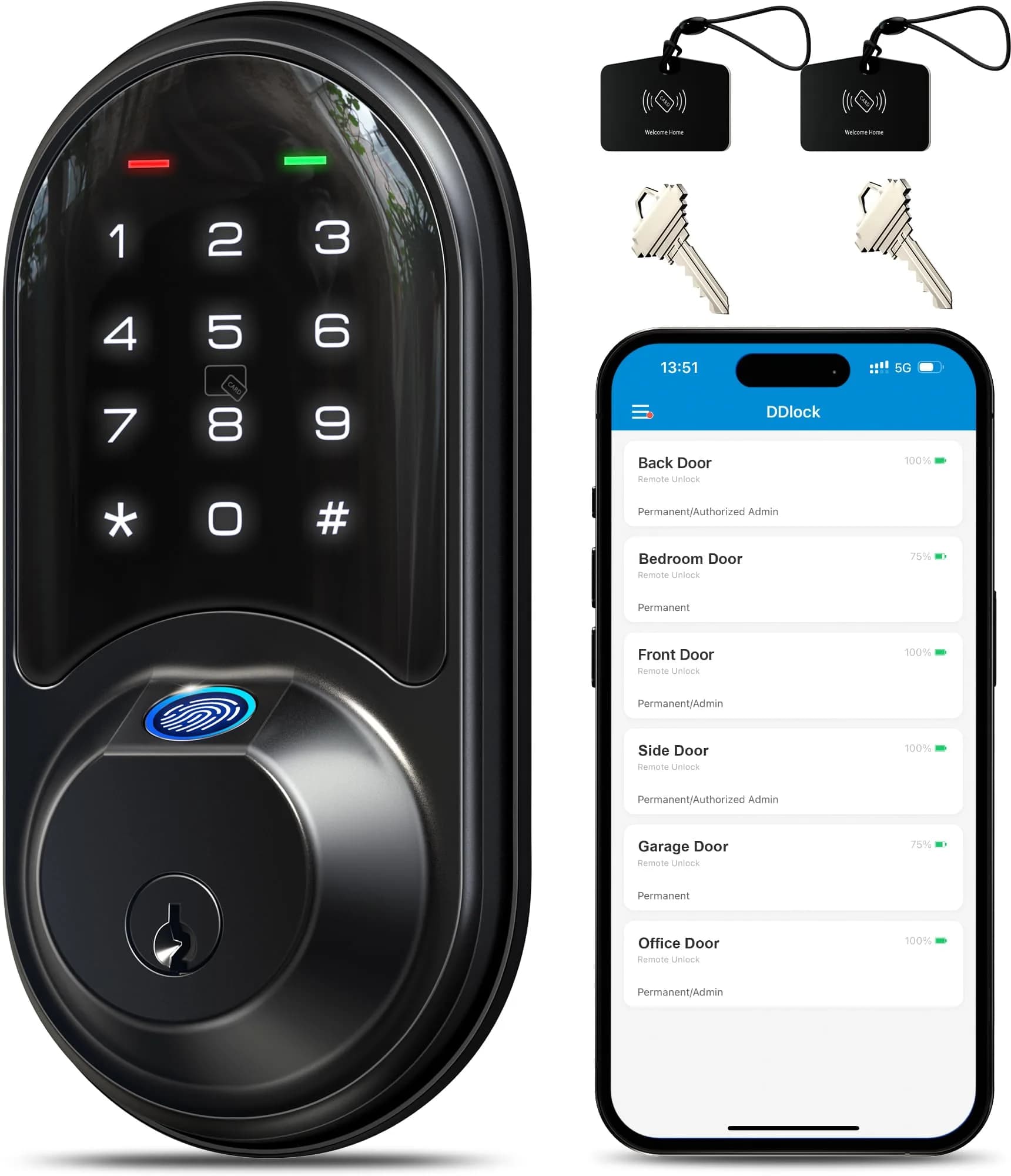 Veise RZ07 Fingerprint Smart Door Lock Deadbolt | App Control, Matte Black, IP54 - main product image