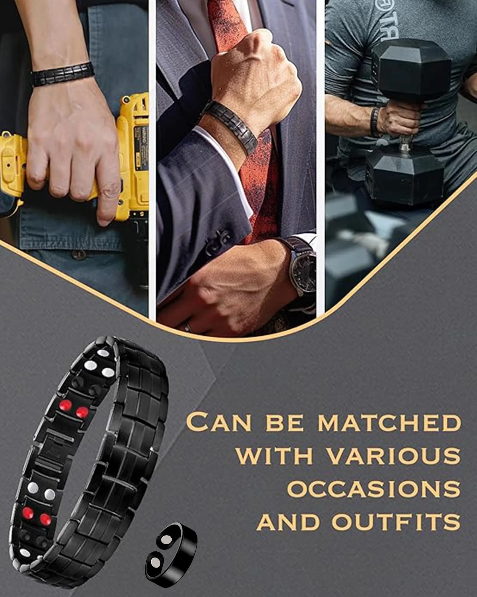 Feraco Magnetic Therapy Bracelet Titanium Steel Double Row 4 Elements Magnets 22cm (8.66 inch) | Hypoallergenic & Adjustable - view 4