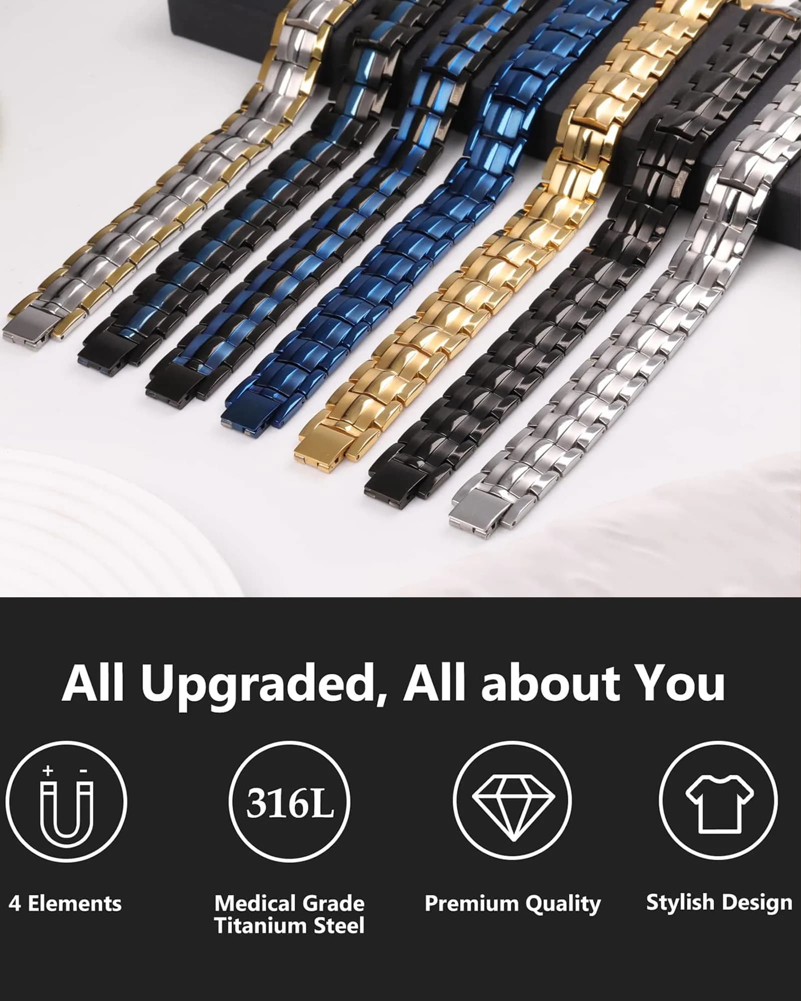 Feraco Magnetic Therapy Bracelet Titanium Steel Double Row 4 Elements Magnets 22cm (8.66 inch) | Hypoallergenic & Adjustable - view 6
