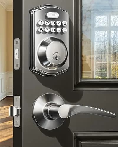 Veise KS01B Keypad Door Lock with 2 Lever Handles Set, Satin Nickel | Keyless Entry & Auto Lock thumbnail 1
