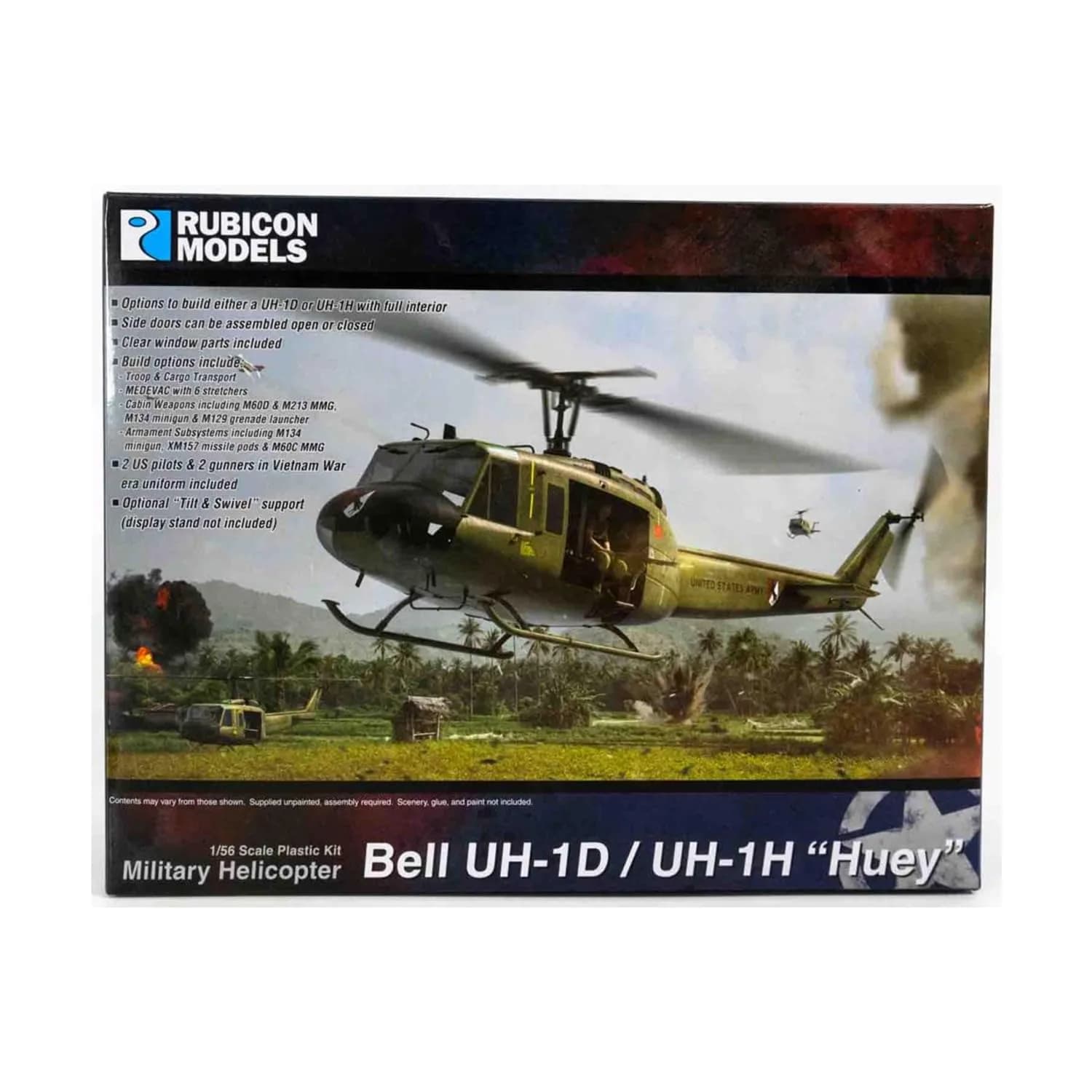 Rubicon Models RB0119 1/56 US Military Bell UH-1D/UH-1H Huey Helicopter Plastic Model | Assembly & Painting Kit — Molded Color