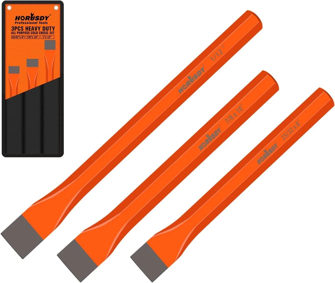 HORUSDY Heavy Duty Cold Chisels Set 3-Piece (8", 10", 12") with Roll Pouch | Cr-V Steel for Metalworking & Masonry