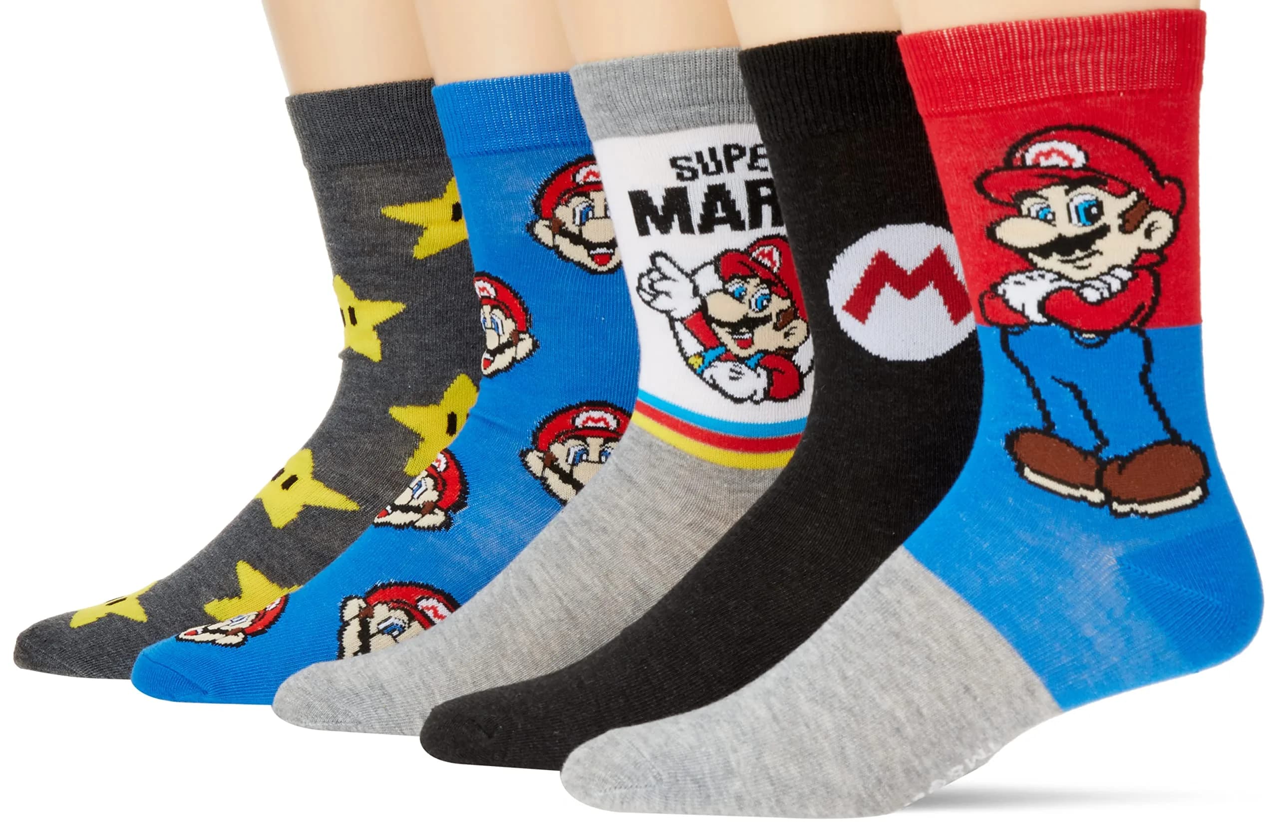 Nintendo Super Mario 5 Pack Crew Socks | Cartoon Character Socks for Men & Adults (Size 10-13, Polyester Blend) - main product image