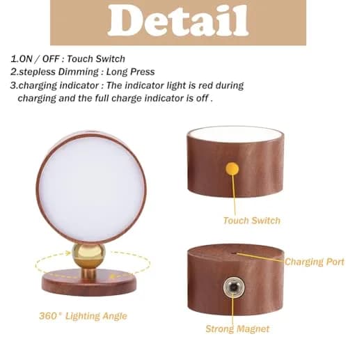 LANDGOO Wood Wall Sconce Bedside Lamp Rechargeable Night Light | Natural Wood, Dimmable, Portable thumbnail 5
