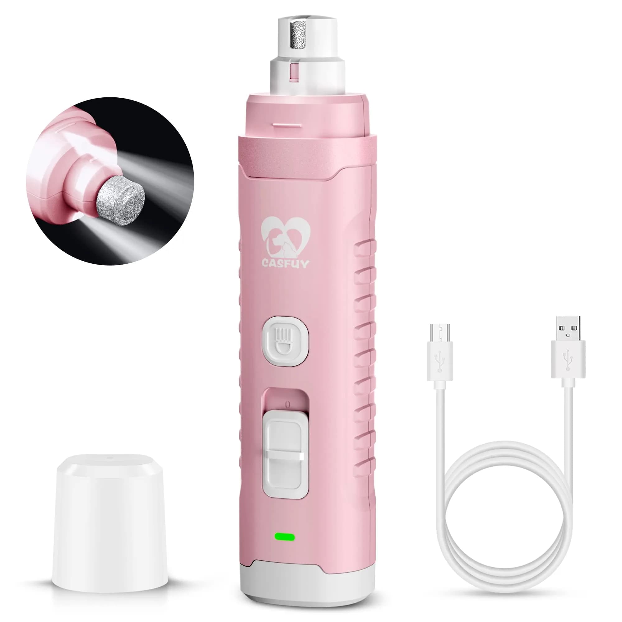 Casfuy Dog Nail Grinder with 2 LED Light | 2-Speed Rechargeable Quiet Painless Grooming Tool (70-120c)
