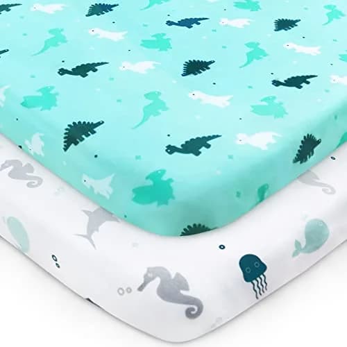 SPRINGSPIRIT Pack and Play Sheets 2-Pack | Aqua Dinosaurs & Ocean Print, 39"x27"x5" (99cm x 69cm x 13cm) thumbnail 1