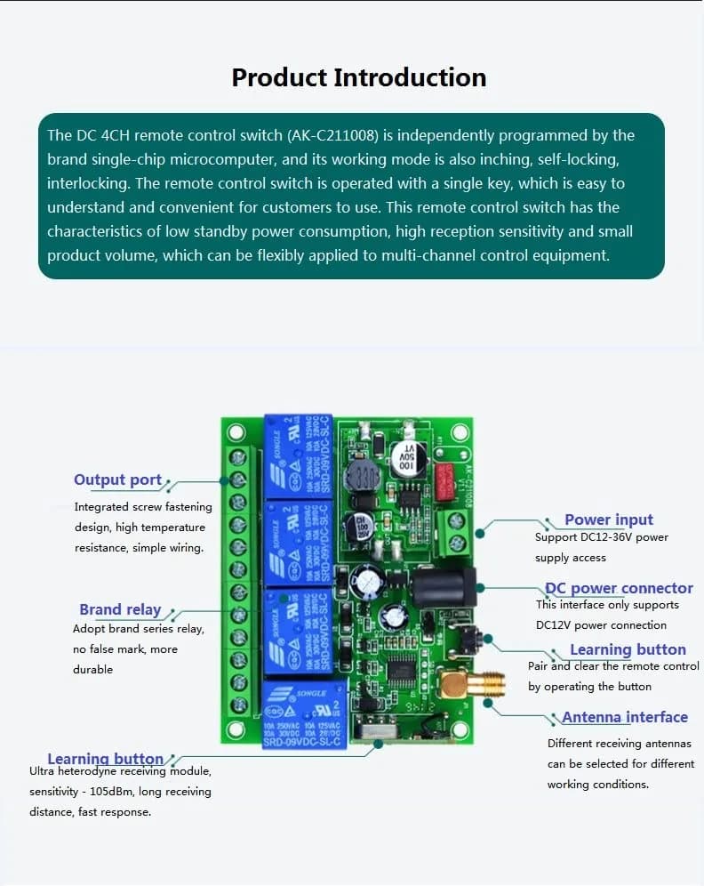 Kaleinavi Wireless Remote Control 4-Channel 12V-36V | Industrial RF Switch with 6 Modes thumbnail 2