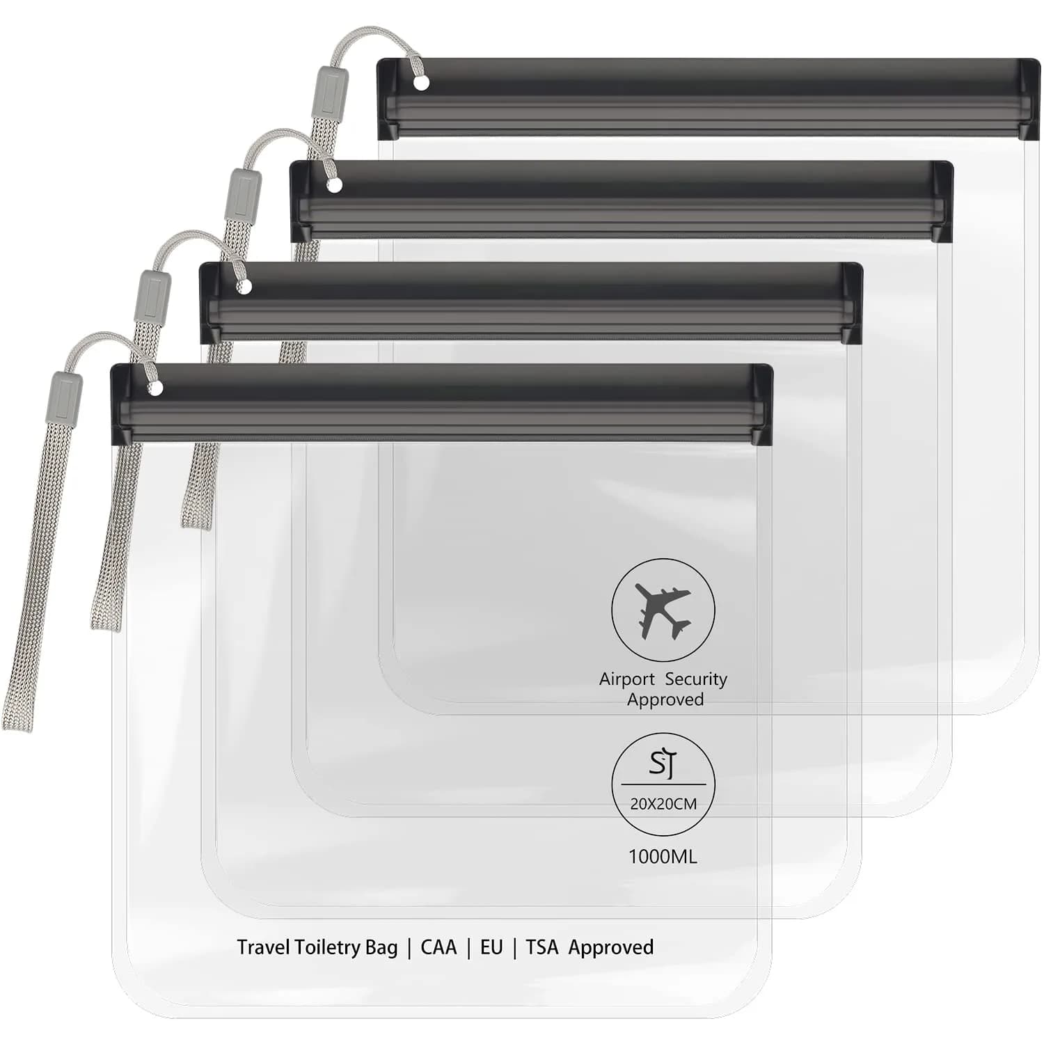 SLIJAR 4Pcs Clear TSA Approved Security Toiletry Bag Quart Size (Black) | Leakproof & Compliant