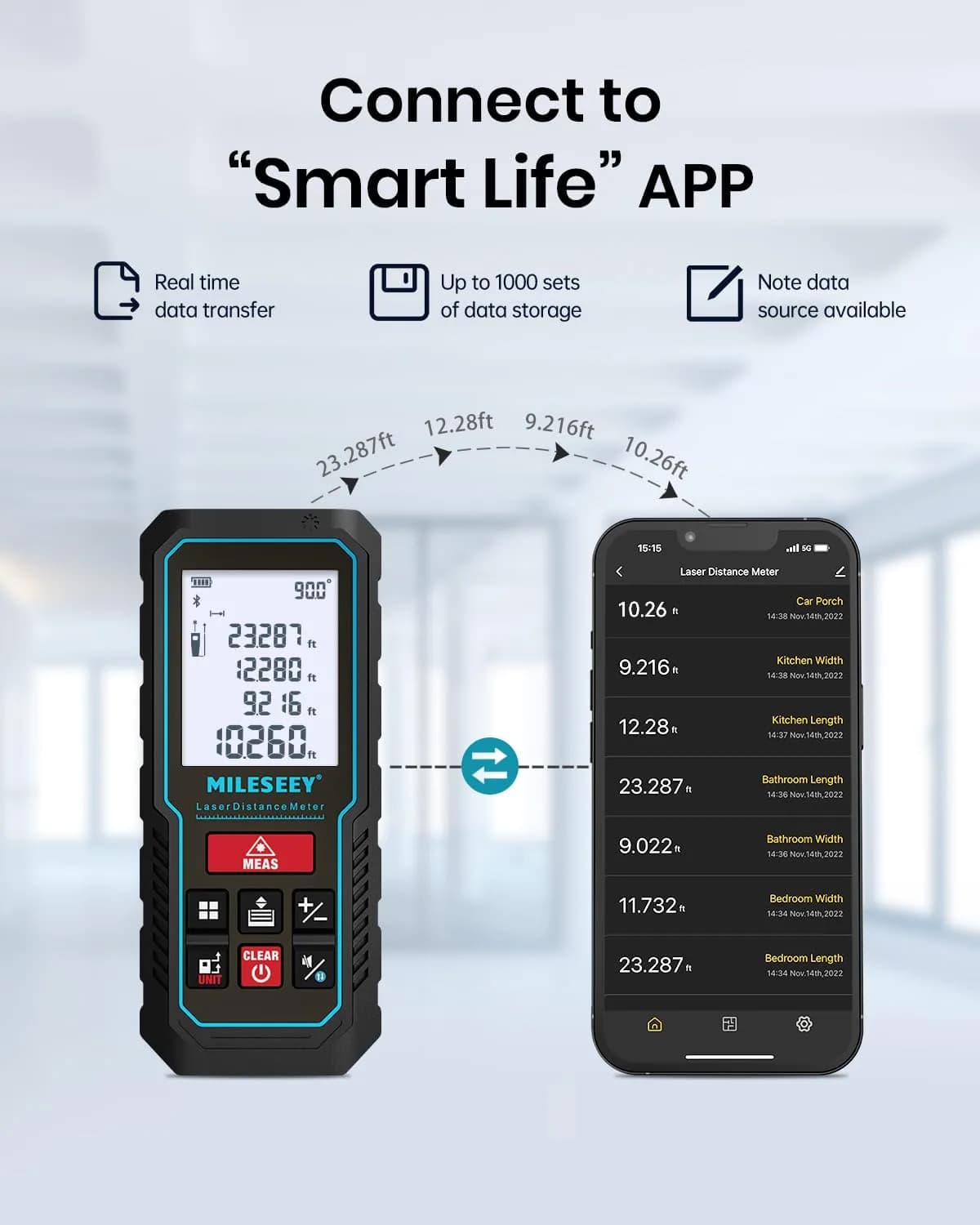 MILESEEY D5 APP Laser Measure 229ft (69.8m) with Angle Sensor & App Connectivity | Real-time Data Transfer & Floor Plan Sketching - view 2
