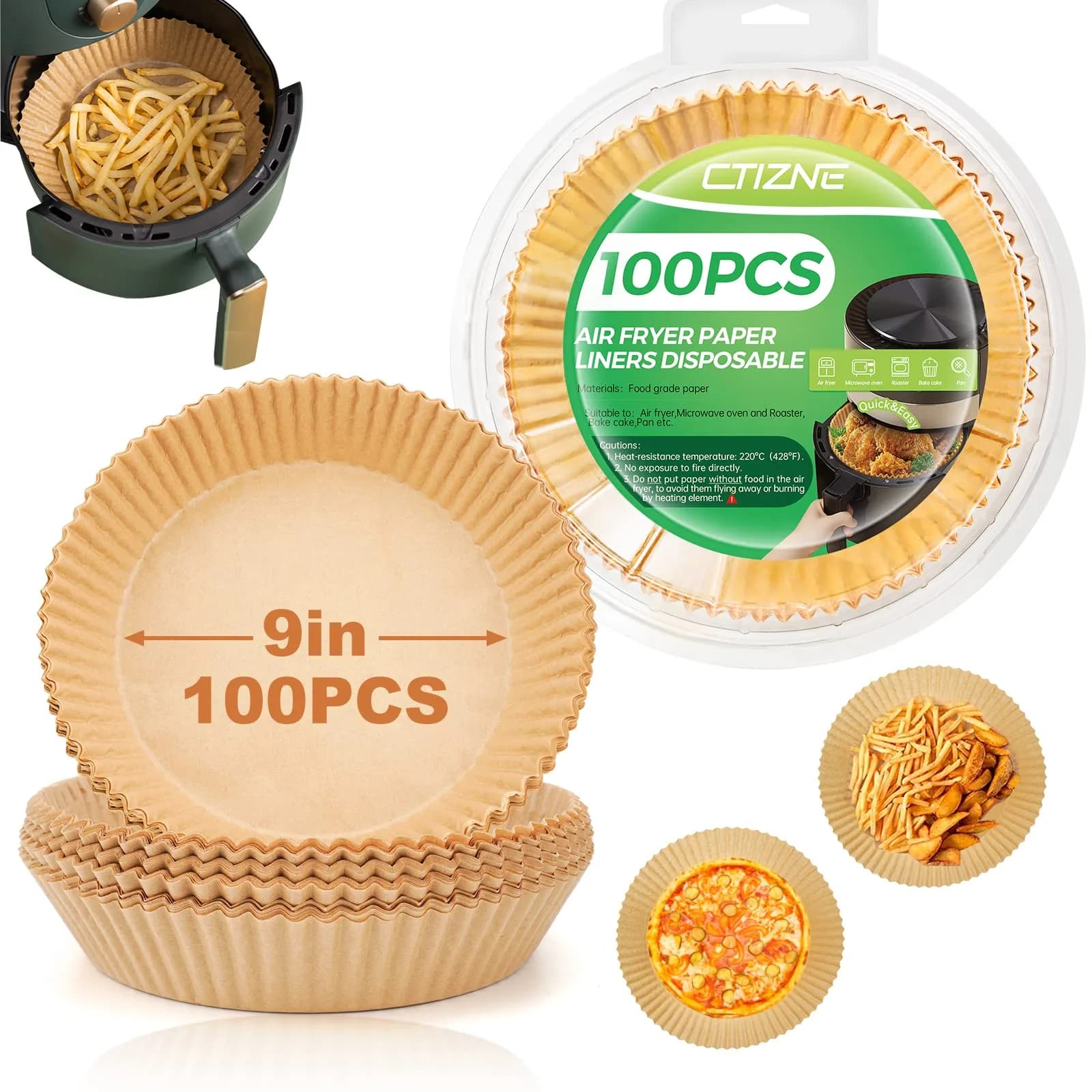 ctizne Air Fryer Liners Disposable 9IN Round | Oil Proof & Non-Stick for 8-10QT