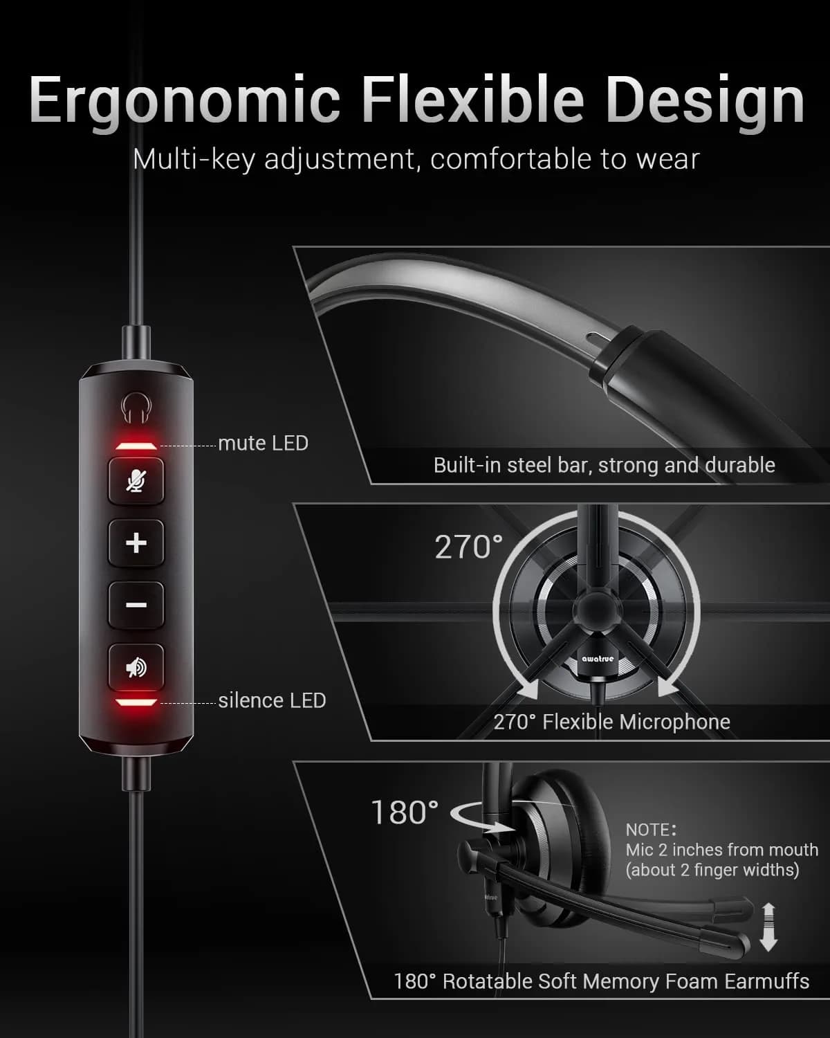 awatrue EH05-U Wired USB Headset with Noise Cancelling Microphone | 4 oz Lightweight On-Ear Computer Headset - view 4