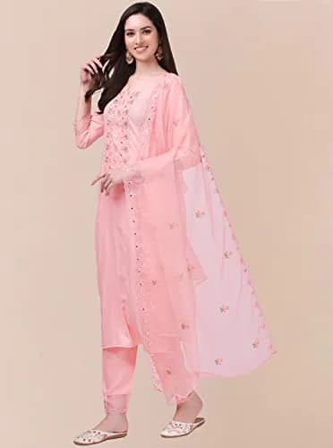 TRENDMALLS Women's Cotton Embroidery Kurta Pant Suit Set XXL Light Pink | Ready to Wear Ethnic Wear thumbnail 3