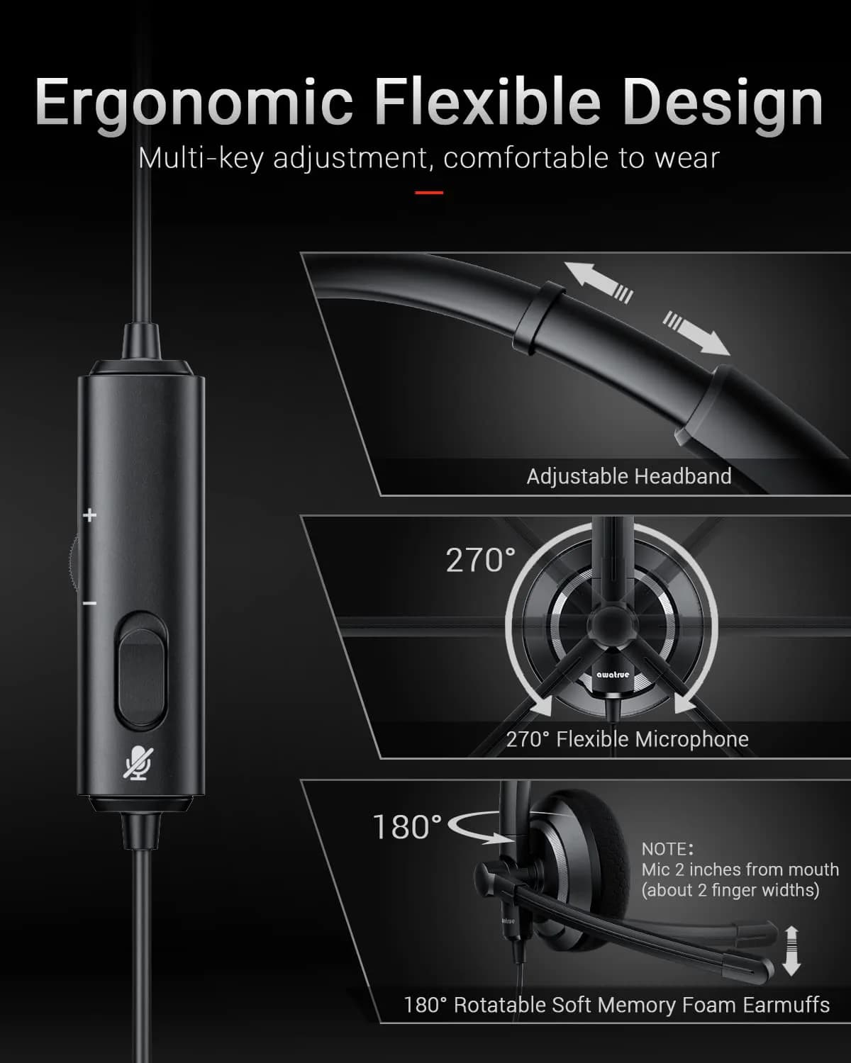 awatrue Wired Headset with Noise Cancelling Microphone | 181g (0.4lb) - view 3