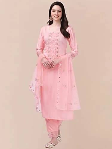 TRENDMALLS Women's Cotton Embroidery Kurta Pant Suit Set with Dupatta, Light Pink, L (40-inch Chest) thumbnail 4
