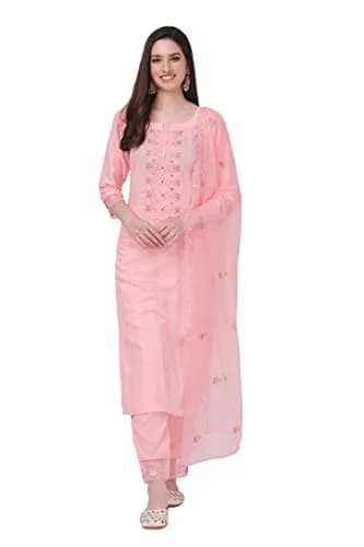 TRENDMALLS Women's Cotton Embroidery Kurta Pant Suit Set Medium 109cm (43 In) | Festive Light Pink Ready-to-Wear thumbnail 1