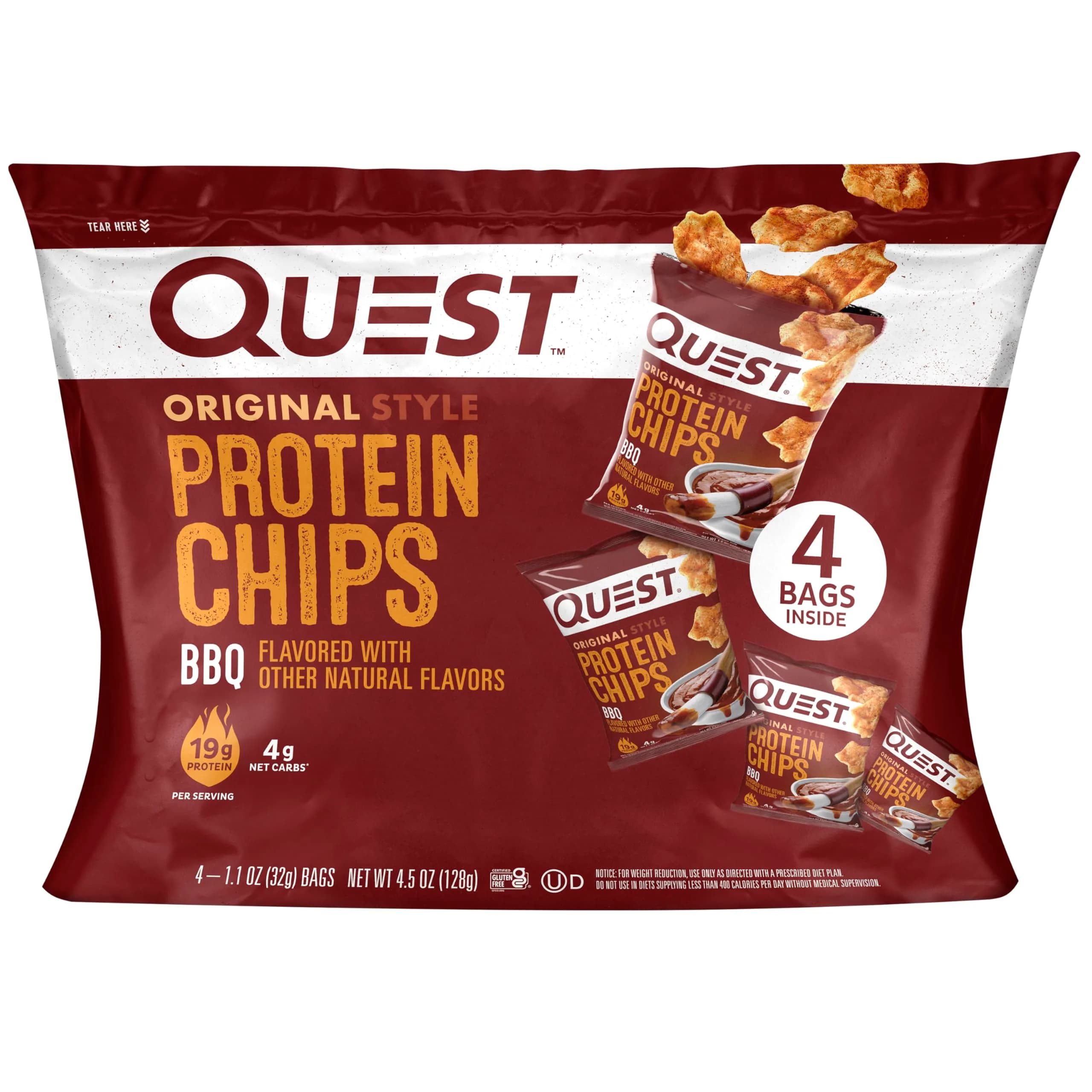 Quest Nutrition BBQ Protein Chips 19g Protein, 4g Net Carb, Gluten Free, 1.1 oz (Pack of 24) | Baked Protein Snack — Pack of 4