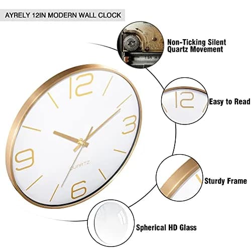 AYRELY 12 Inch Silent Wall Clock for Living Room & Bedroom | Modern Gold Metal Frame Decor thumbnail 5