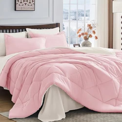 HEVUMYI King Comforter Set Pink & Ivory | Cloud-Soft Microfiber Bedding thumbnail 1