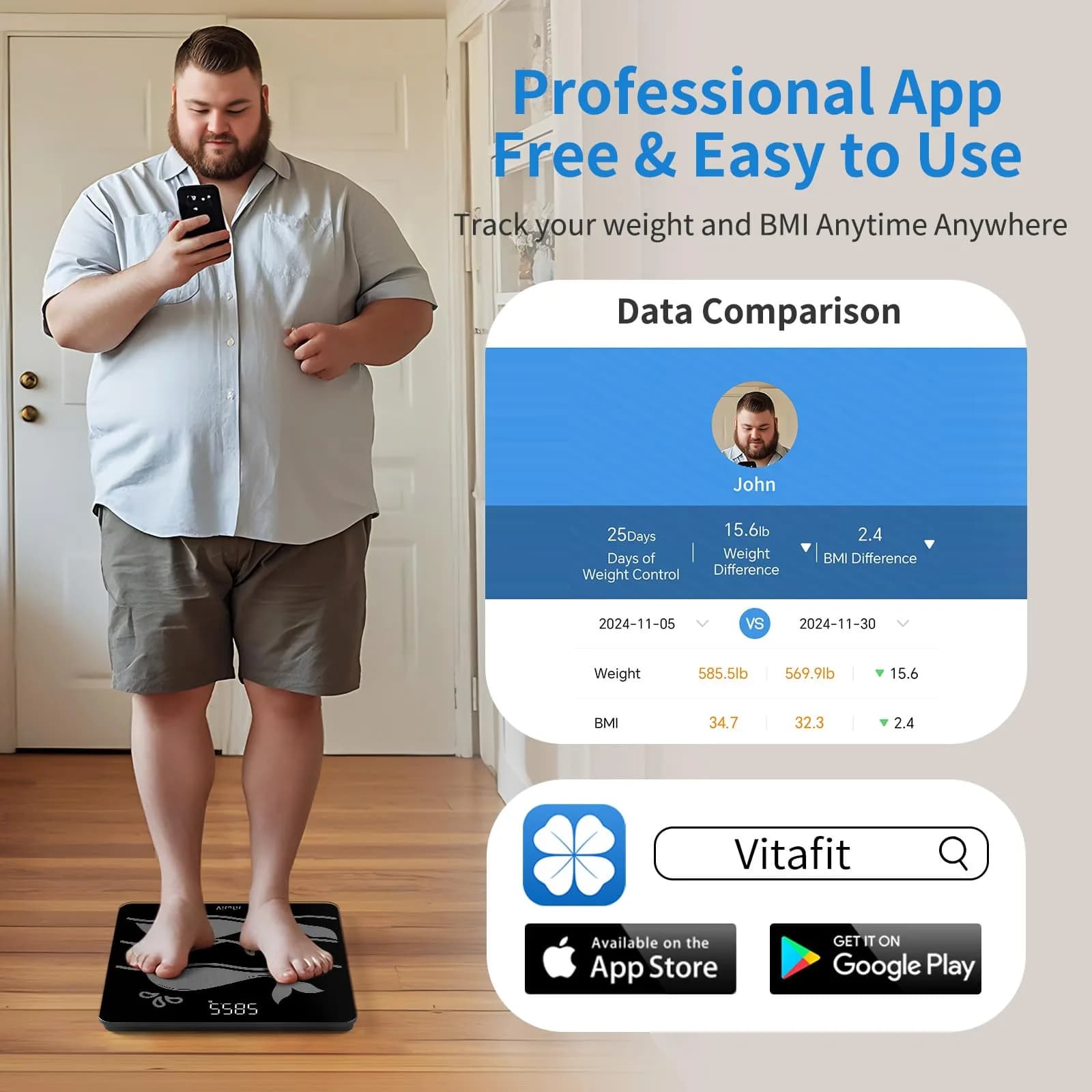 Vitafit Smart Digital Body Weight Scale 300kg (660lb) | FDA Approved, App Sync - view 4