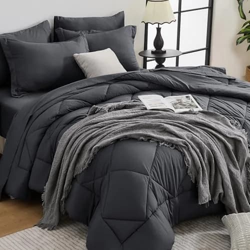 HEVUMYI 7-Piece Queen Comforter Set Dark Grey 224cm x 224cm | Cloud-Like Microfiber Bedding for All Seasons — Dark Gray