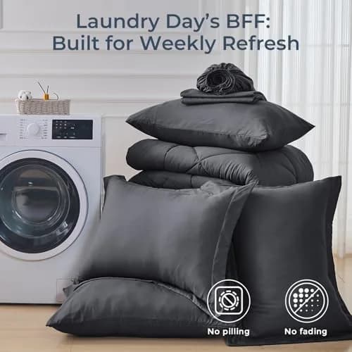 HEVUMYI 7-Piece Queen Comforter Set Dark Grey 224cm x 224cm | Cloud-Like Microfiber Bedding for All Seasons thumbnail 7
