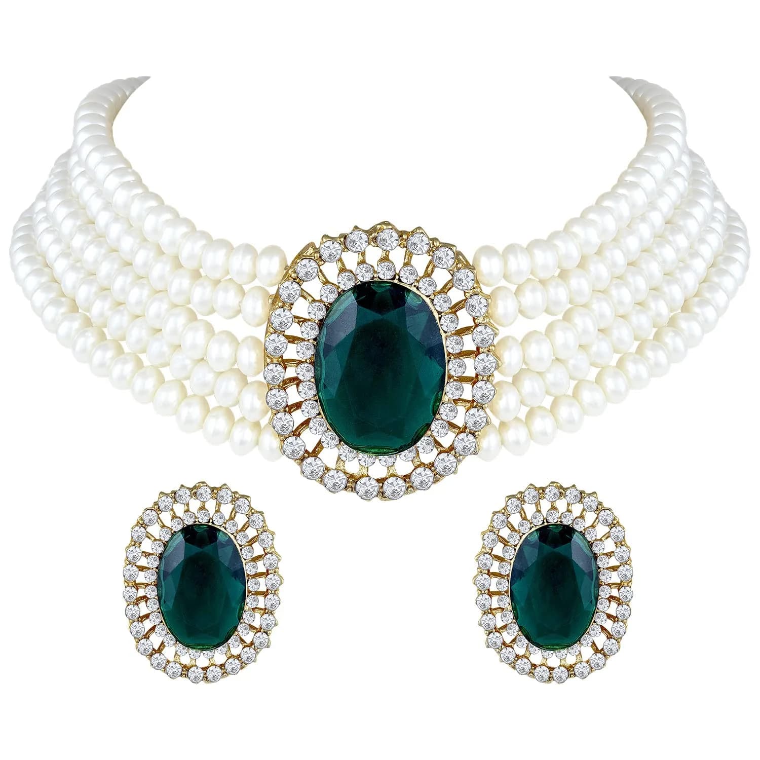 I Jewels Gold Plated Pearl Choker Necklace Jewellery Set with Green Stones & Earrings for Women | Necklace: 2.54cm (1 inch) x 4cm, Earrings: 4cm x 3.3cm — Green