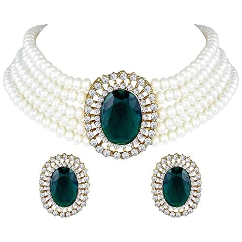 I Jewels Gold Plated Green Stone Studded Pearl Choker Necklace Jewellery Set for Women | 25.4cm (10 inch) Length thumbnail 1
