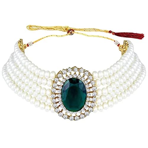 I Jewels Gold Plated Green Stone Studded Pearl Choker Necklace Jewellery Set for Women | 25.4cm (10 inch) Length thumbnail 4