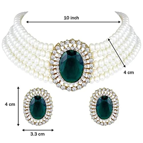I Jewels Gold Plated Green Stone Studded Pearl Choker Necklace Jewellery Set for Women | 25.4cm (10 inch) Length thumbnail 6