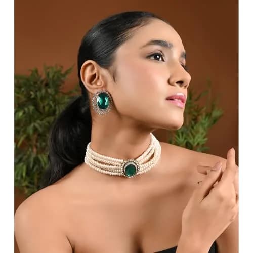 I Jewels Gold Plated Green Stone Studded Pearl Choker Necklace Jewellery Set for Women | 25.4cm (10 inch) Length thumbnail 2