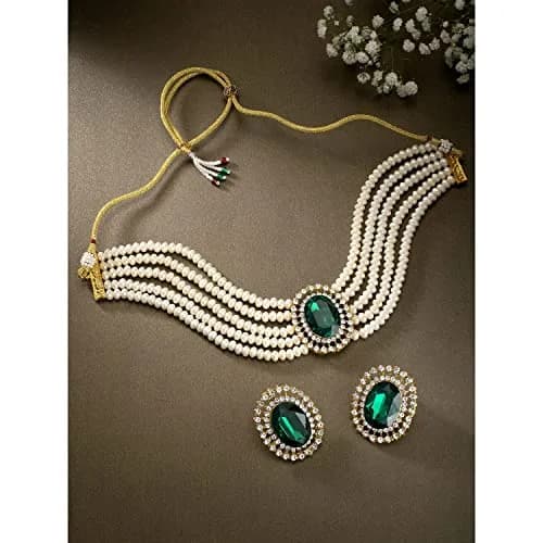 I Jewels Gold Plated Green Stone Studded Pearl Choker Necklace Jewellery Set for Women | 25.4cm (10 inch) Length thumbnail 3