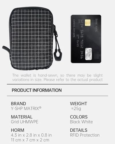 Y-SHP MATRIX EDC Wallet RFID Blocking Zipper Pouch 10.9 cm x 7.1 cm x 2 cm | Grid UHMWPE Fabric for Men thumbnail 2