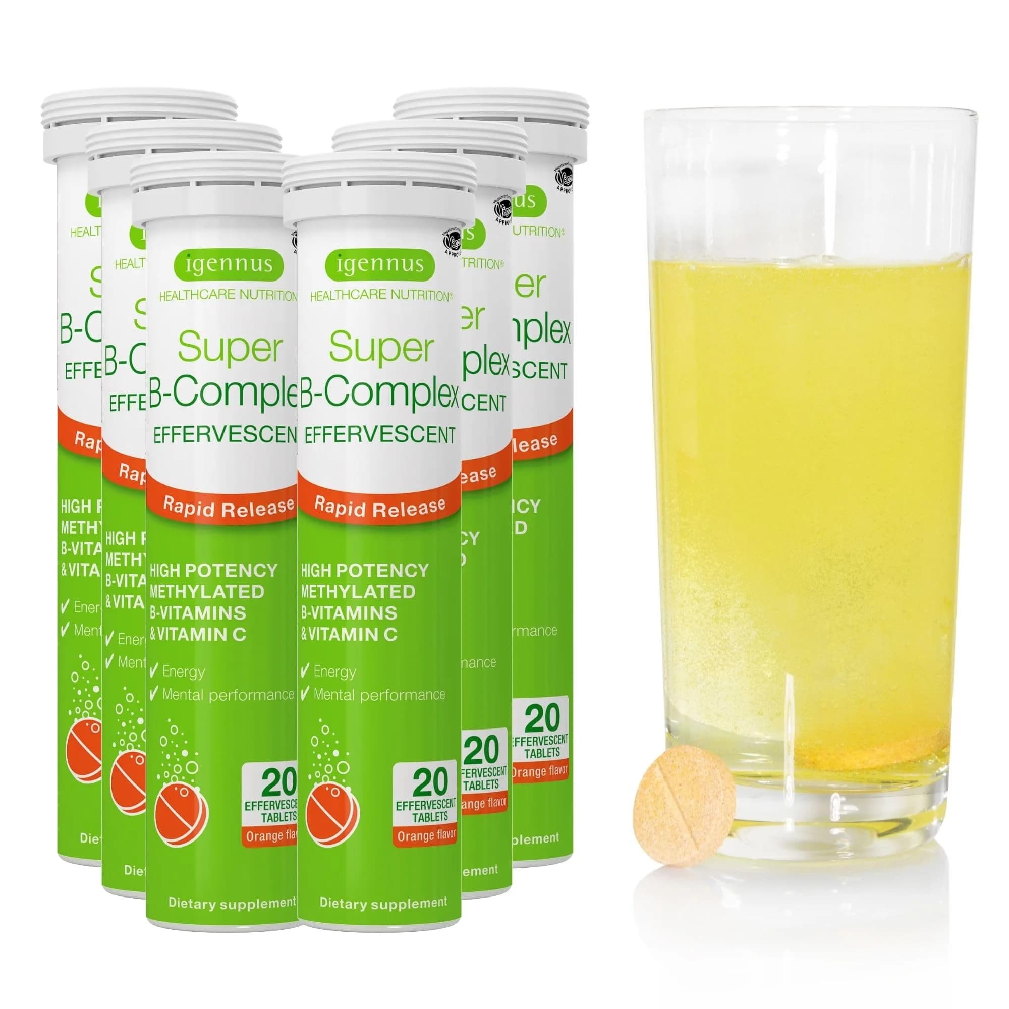 Igennus High Absorption Orange Super B-Complex Tablets, 20 Count (Pack of 6) - Methylated B Vitamins for Energy & Mood - main product image