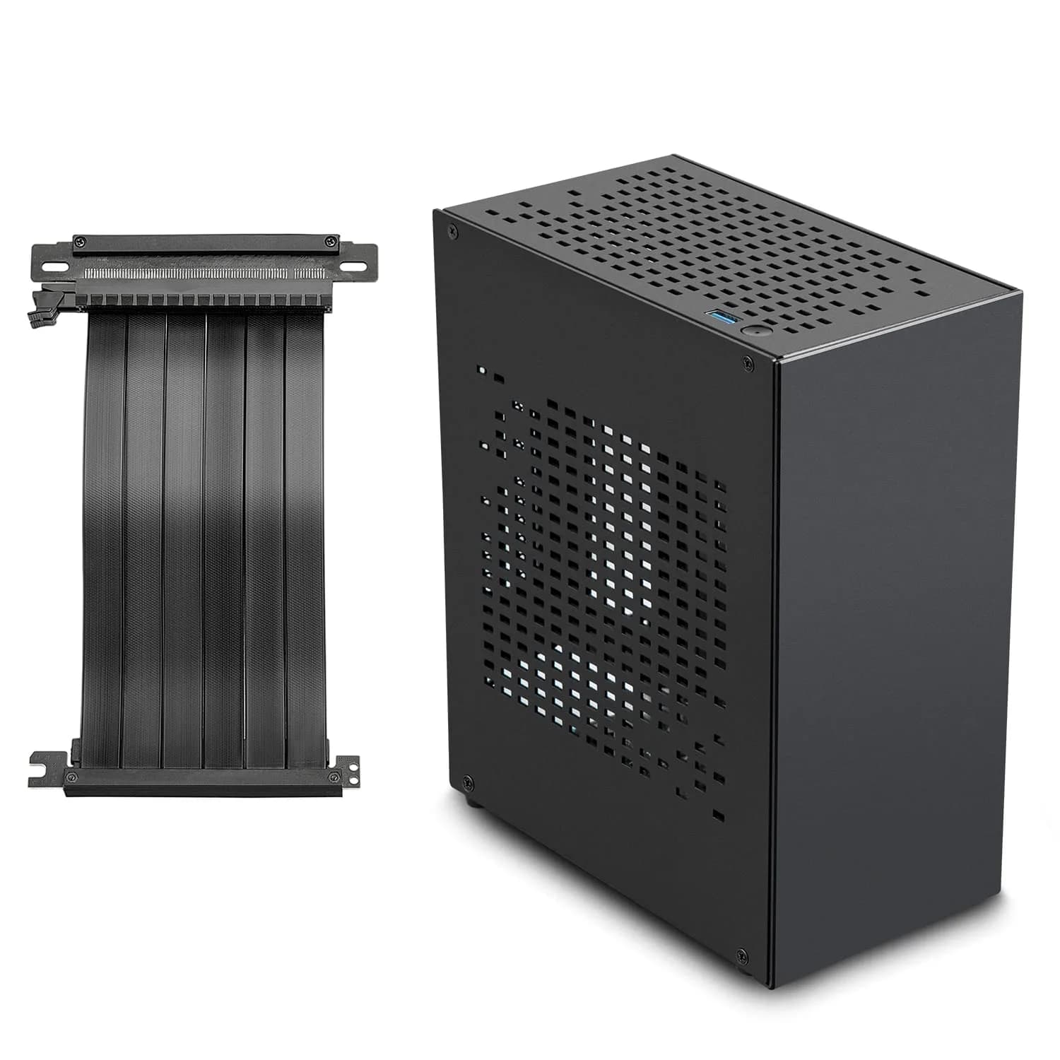 JOYJOM Aluminum Mini ITX Case with PCIe 3.0 Riser, Small Form Factor PC Case, Supports GPU & FLEX Power Supply, Black | Compact Gaming Chassis — Black