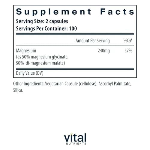 Vital Nutrients Magnesium Glycinate + Malate 240mg | Supports Sleep & Energy (120 capsules) thumbnail 2