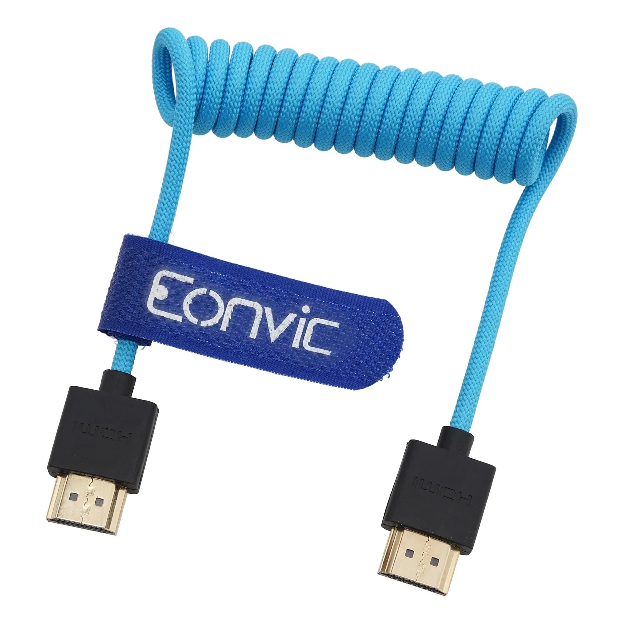 Eonvic 8K HDMI Coiled Cable 1M (3.3ft) | High Speed 2.1 HDMI Male to Male Braided Extender for Cameras, Monitors, Consoles — Blue Braided Coiled Cable / HDMI-HDMI