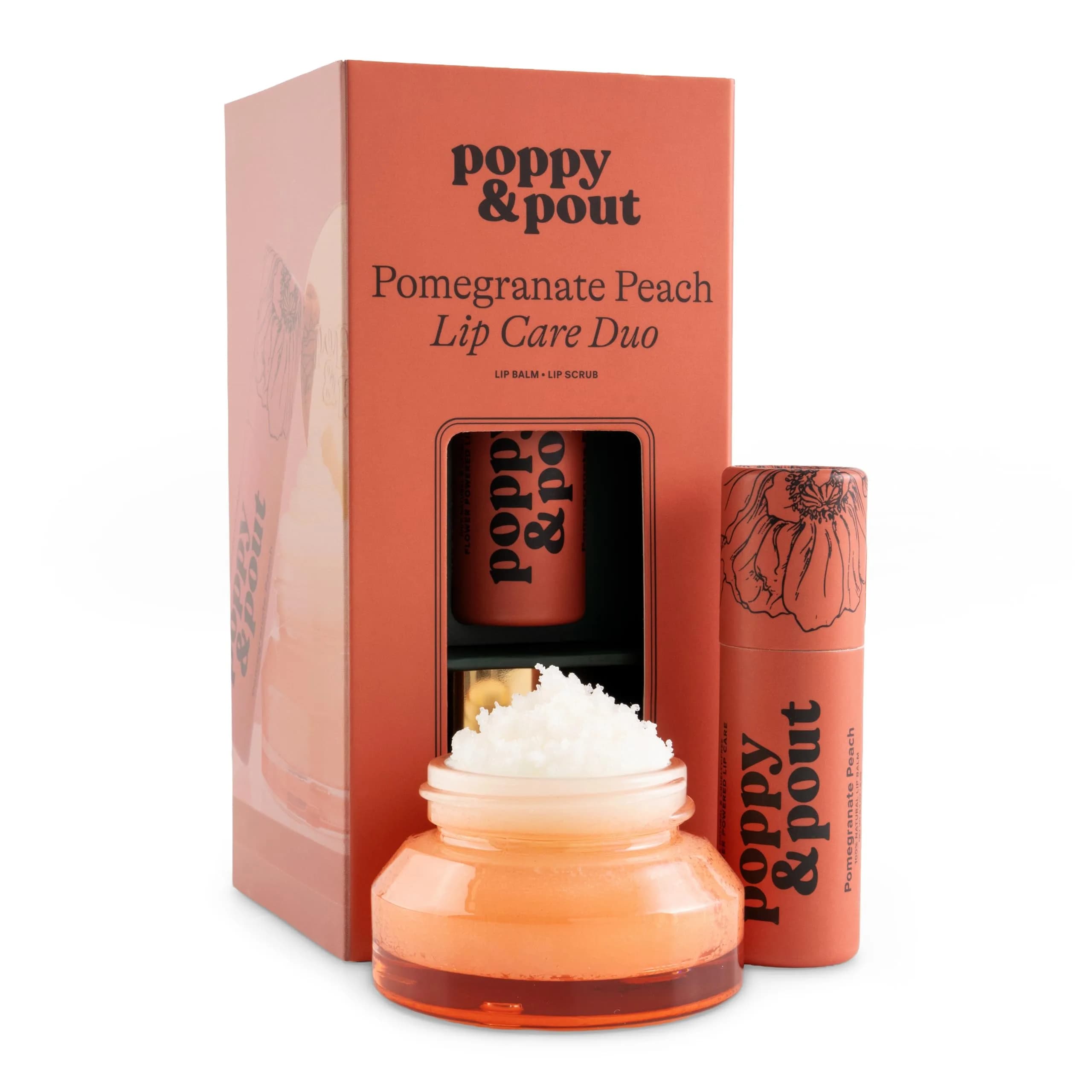 Poppy & Pout Lip Care Set | Lip Balm & Scrub | Sustainable Cardboard Tubes & Glass Jars, All Natural, Beeswax, Coconut Oil, Cruelty Free, Exfoliating & Moisturizing Lip Treatment (Pomegranate Peach)