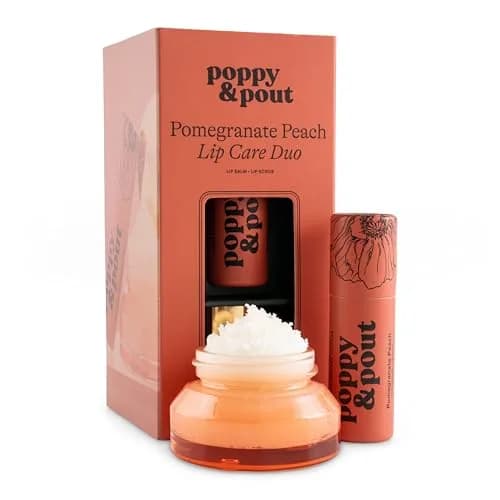 Poppy & Pout Lip Care Set | Lip Balm & Scrub | Sustainable Cardboard Tubes & Glass Jars, All Natural, Beeswax, Coconut Oil, Cruelty Free, Exfoliating & Moisturizing Lip Treatment (Pomegranate Peach) thumbnail 1