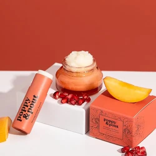 Poppy & Pout Lip Care Set | Lip Balm & Scrub | Sustainable Cardboard Tubes & Glass Jars, All Natural, Beeswax, Coconut Oil, Cruelty Free, Exfoliating & Moisturizing Lip Treatment (Pomegranate Peach) thumbnail 3