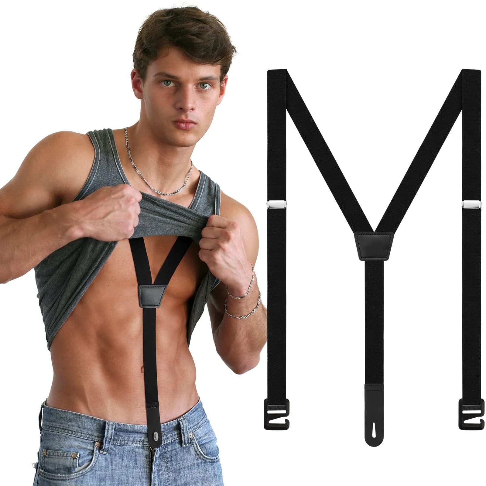 Eurzom Black Hidden Suspenders for Men Under Clothes Y-Back, 2.5cm (1") Wide, 75-120cm (30-47") Adjustable Length — Black
