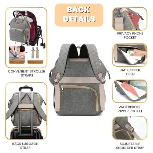ROSEGIN Large Capacity Diaper Backpack 35L (1.6 lbs) | Waterproof Quilted Travel Bag with Changing Pad & Insulated Pockets thumbnail 4