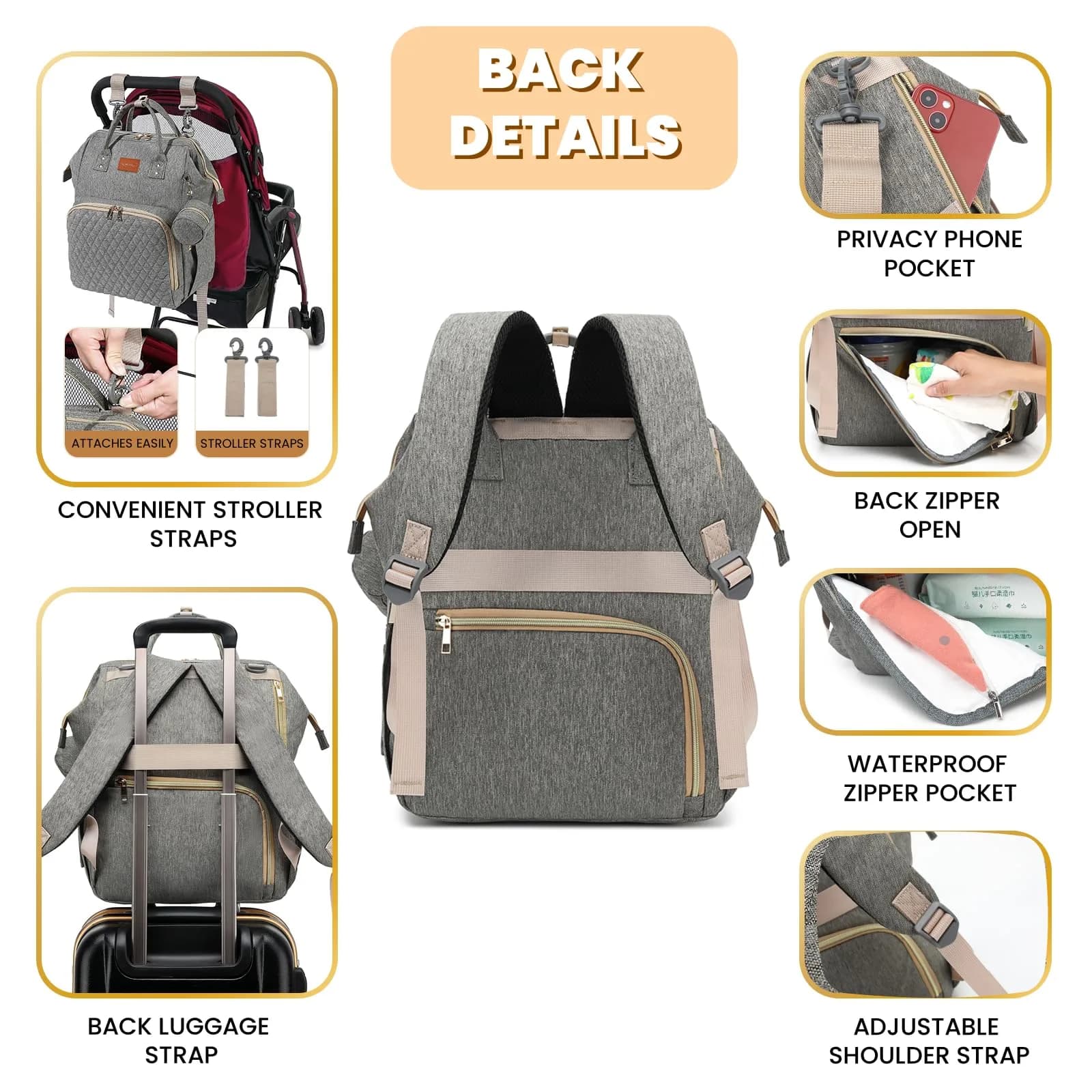 ROSEGIN Large Capacity Diaper Backpack 35L (1.6 lbs) | Waterproof Quilted Travel Bag with Changing Pad & Insulated Pockets - view 4